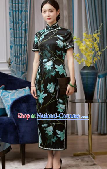 Chinese Traditional Printing Black Silk Cheongsam Tang Suit Qipao Dress National Costume for Women