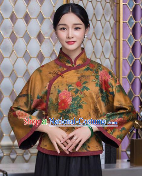 Chinese Traditional Tang Suit Upper Outer Garment Qipao Printing Peony Golden Blouse National Costume for Women