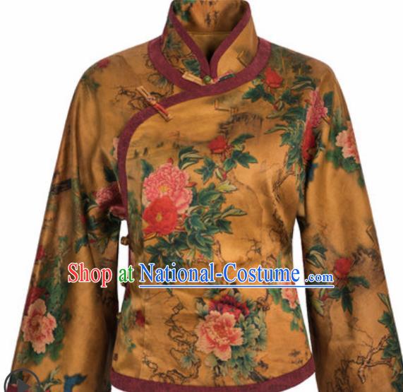 Chinese Traditional Tang Suit Upper Outer Garment Qipao Printing Peony Golden Blouse National Costume for Women