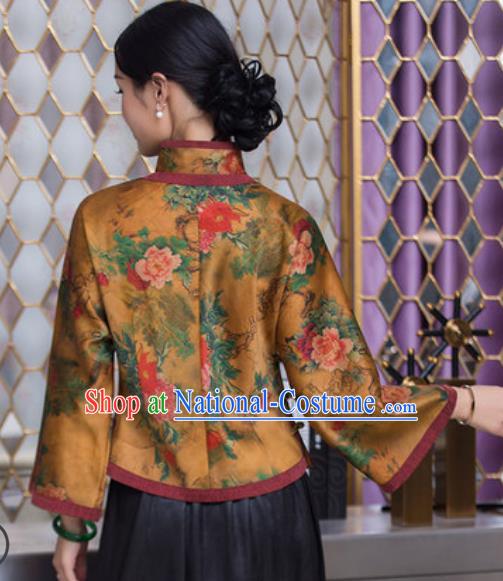 Chinese Traditional Tang Suit Upper Outer Garment Qipao Printing Peony Golden Blouse National Costume for Women