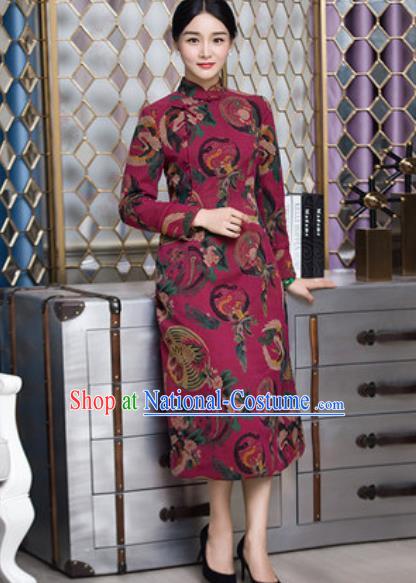 Chinese Traditional Printing Phoenix Wine Red Cheongsam Tang Suit Qipao Dress National Costume for Women