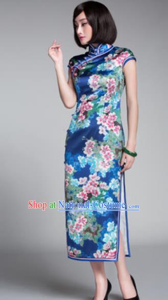 Chinese Traditional Printing Flowers Blue Cheongsam Tang Suit Qipao Dress National Costume for Women