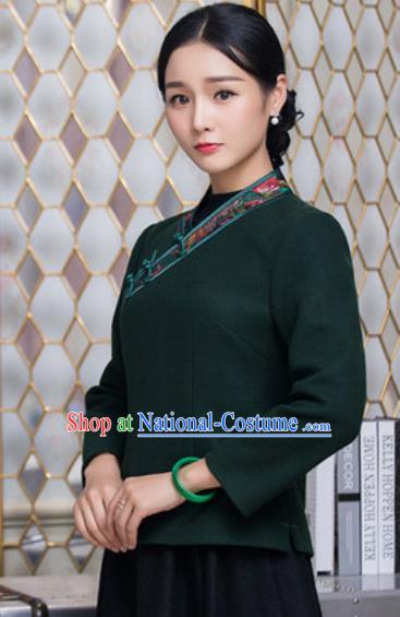 Chinese Traditional Tang Suit Upper Outer Garment Qipao Deep Green Blouse National Costume for Women