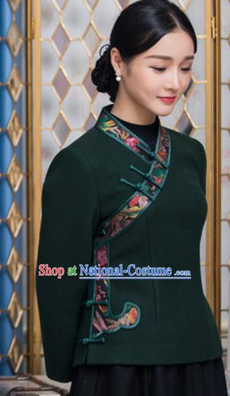 Chinese Traditional Tang Suit Upper Outer Garment Qipao Deep Green Blouse National Costume for Women