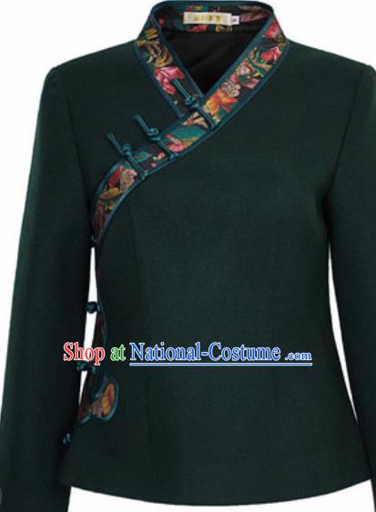 Chinese Traditional Tang Suit Upper Outer Garment Qipao Deep Green Blouse National Costume for Women