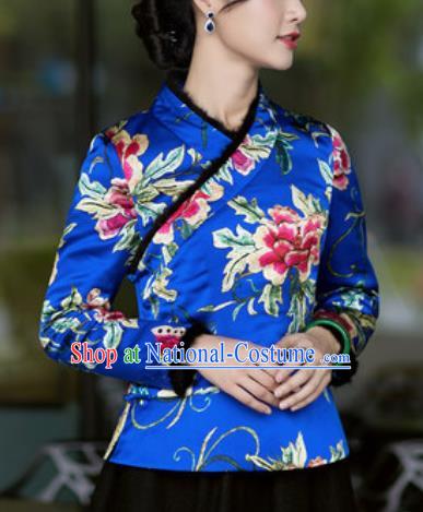 Chinese Traditional Tang Suit Upper Outer Garment Printing Peony Royalblue Silk Jacket National Costume for Women