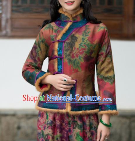 Chinese Traditional Tang Suit Upper Outer Garment Printing Wool Jacket National Costume for Women