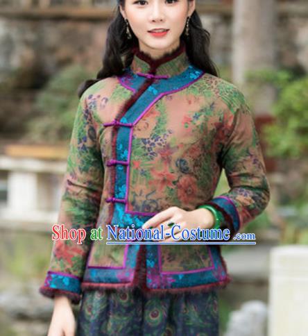 Chinese Traditional Tang Suit Upper Outer Garment Printing Wool Green Jacket National Costume for Women