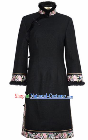 Chinese Traditional Black Woolen Embroidered Cheongsam Tang Suit Qipao Dress National Costume for Women