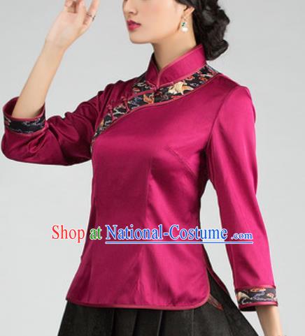 Chinese Traditional Tang Suit Upper Outer Garment Rosy Silk Blouse National Costume for Women