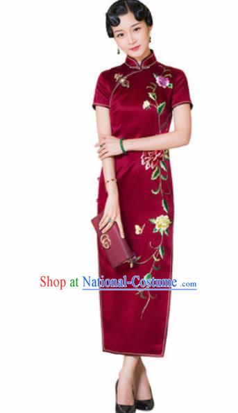 Chinese Traditional Embroidered Peony Wine Red Cheongsam Tang Suit Qipao Dress National Costume for Women