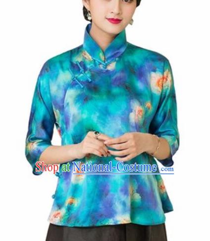 Chinese Traditional Tang Suit Upper Outer Garment Printing Blue Silk Blouse National Costume for Women