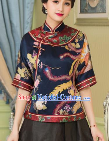 Chinese Traditional Tang Suit Upper Outer Garment Printing Phoenix Navy Silk Blouse National Costume for Women