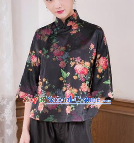 Chinese Traditional Tang Suit Upper Outer Garment Printing Black Silk Blouse National Costume for Women