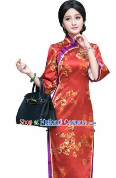 Chinese Traditional Printing Plum Blossom Silk Cheongsam Tang Suit Qipao Dress National Costume for Women