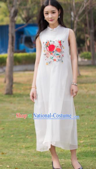 Chinese Traditional Embroidered Peony White Silk Cheongsam Tang Suit Qipao Dress National Costume for Women