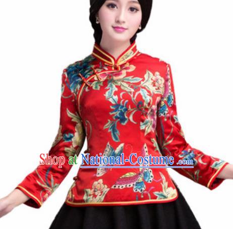 Chinese Traditional Printing Peony Red Silk Blouse Tang Suit Upper Outer Garment National Costume for Women