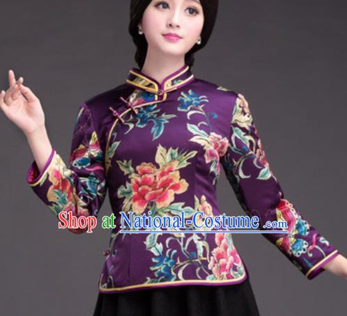 Chinese Traditional Printing Peony Purple Silk Blouse Tang Suit Upper Outer Garment National Costume for Women