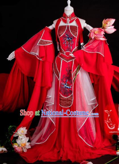 Chinese Traditional Cosplay Peri Goddess Costume Ancient Swordswoman Red Hanfu Dress for Women