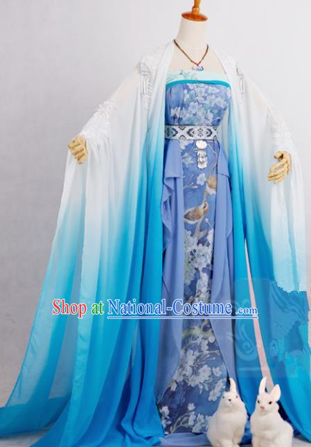 Chinese Traditional Cosplay Peri Goddess Costume Ancient Imperial Consort Blue Hanfu Dress for Women