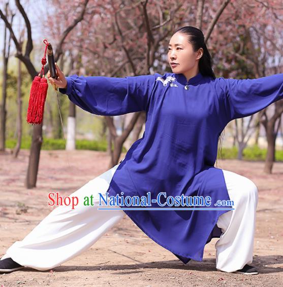 Chinese Traditional Martial Arts Costume Kung Fu Tai Chi Deep Blue Clothing for Women