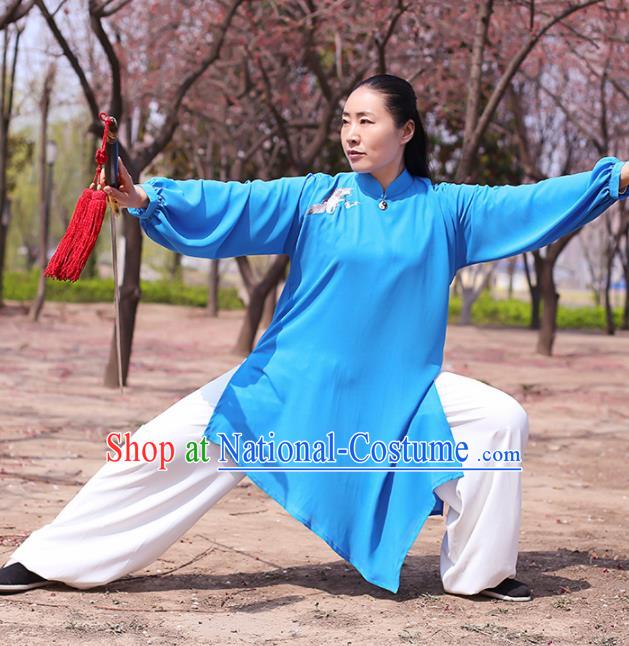 Chinese Traditional Martial Arts Costume Kung Fu Tai Chi Blue Clothing for Women