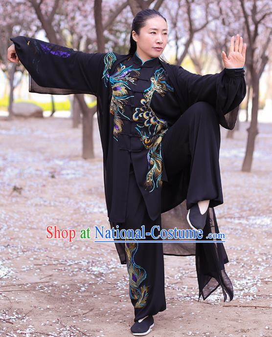 Chinese Traditional Martial Arts Costume Kung Fu Tai Chi Embroidered Phoenix Black Clothing for Women