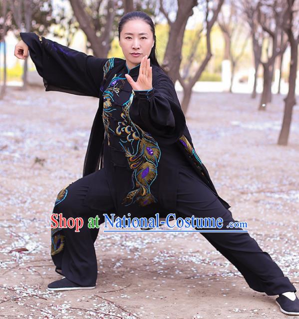 Chinese Traditional Martial Arts Costume Kung Fu Tai Chi Embroidered Phoenix Black Clothing for Women