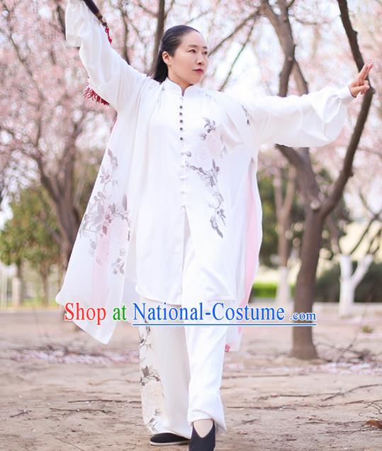 Chinese Traditional Martial Arts Costume Kung Fu Tai Chi Printing Peony White Clothing for Women