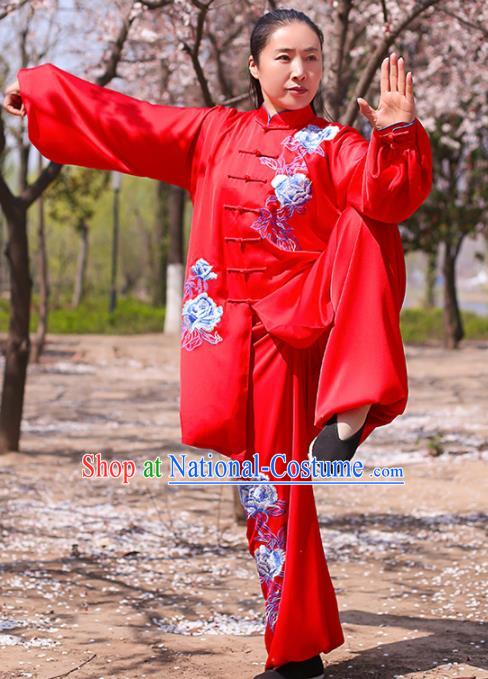 Chinese Traditional Martial Arts Costume Kung Fu Tai Chi Printing Peony Red Clothing for Women