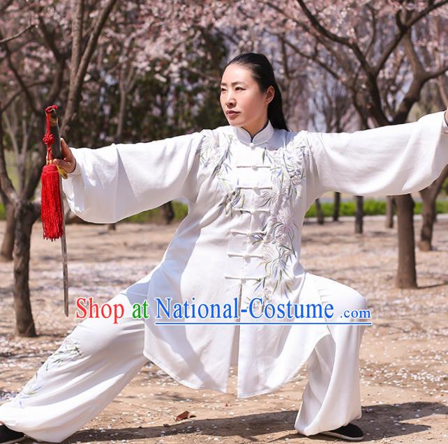 Chinese Traditional Martial Arts Competition Costume Kung Fu Tai Chi Embroidered Bamboo White Clothing for Women