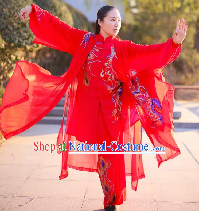 Chinese Traditional Martial Arts Competition Costume Kung Fu Embroidered Phoenix Red Clothing for Women