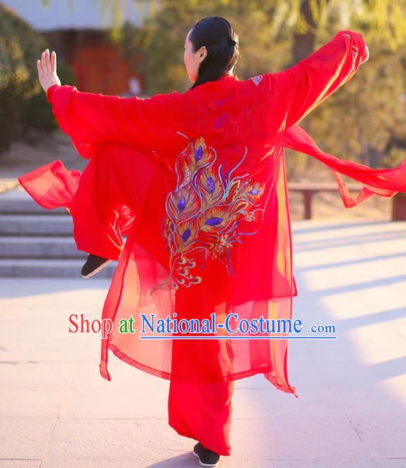 Chinese Traditional Martial Arts Competition Costume Kung Fu Embroidered Phoenix Red Clothing for Women