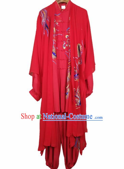 Chinese Traditional Martial Arts Competition Costume Kung Fu Embroidered Phoenix Red Clothing for Women