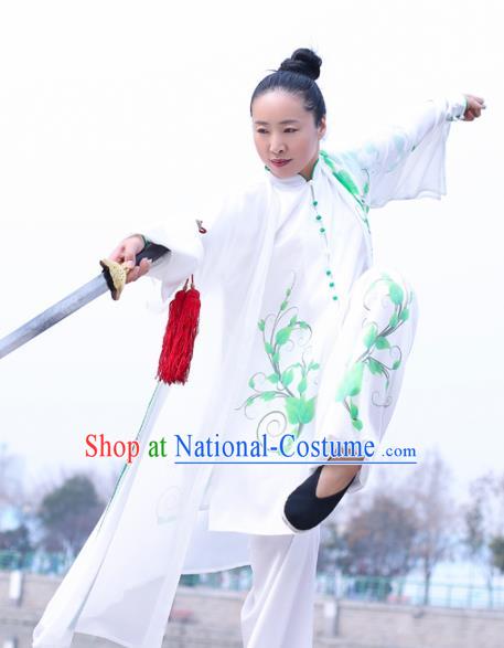 Chinese Traditional Kung Fu Competition Costume Martial Arts Tai Chi Printing Green Leaf Clothing for Women