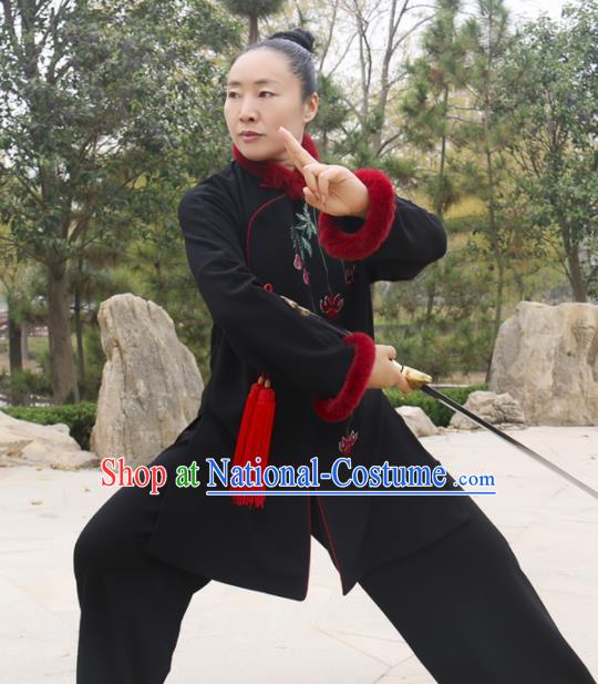 Chinese Traditional Kung Fu Competition Costume Martial Arts Tai Chi Embroidered Leaf Black Clothing for Women