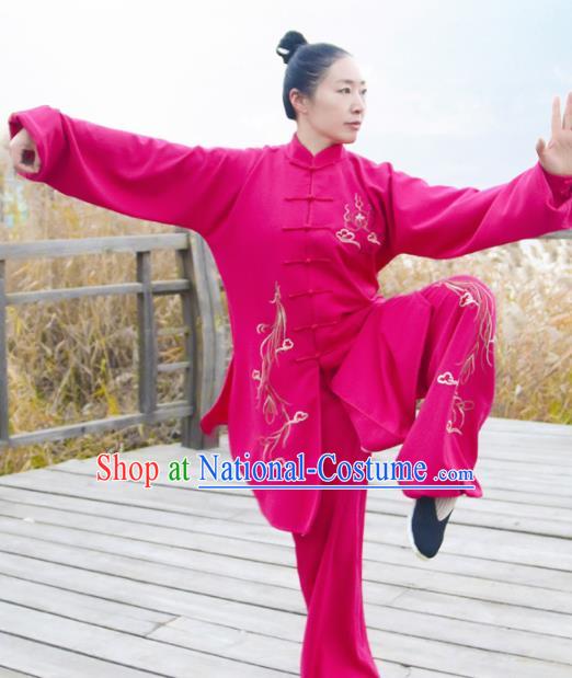 Chinese Traditional Kung Fu Competition Costume Martial Arts Tai Chi Printing Rosy Clothing for Women