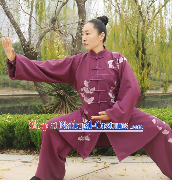 Chinese Traditional Kung Fu Competition Costume Martial Arts Tai Chi Embroidered Ginkgo Leaf Clothing for Women