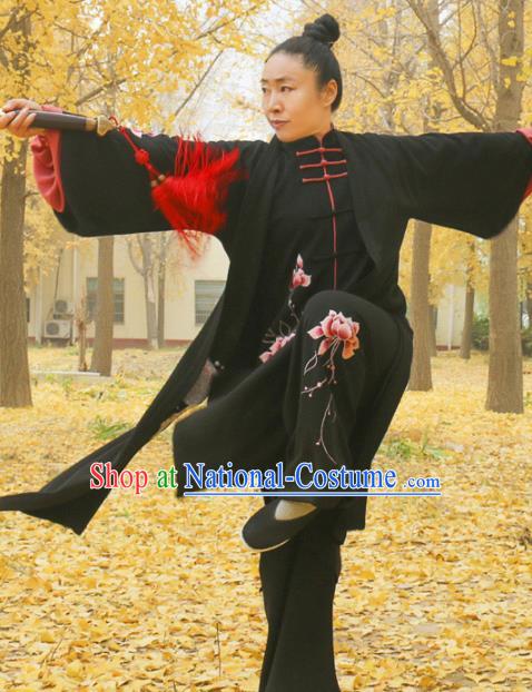 Chinese Traditional Kung Fu Competition Black Costume Martial Arts Tai Chi Embroidered Lotus Clothing for Women