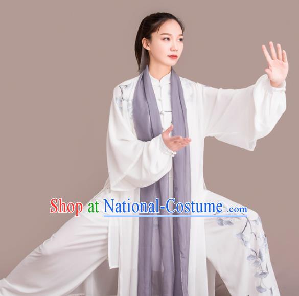 Chinese Traditional Kung Fu Competition Embroidered Ginkgo Leaf White Costume Martial Arts Tai Chi Clothing for Women