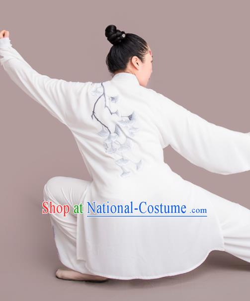 Chinese Traditional Kung Fu Competition Embroidered Ginkgo Leaf White Costume Martial Arts Tai Chi Clothing for Women