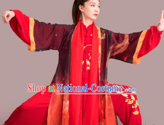 Chinese Traditional Kung Fu Competition Embroidered Ginkgo Leaf Red Costume Martial Arts Tai Chi Clothing for Women