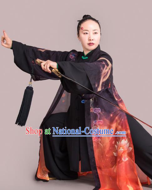 Chinese Traditional Kung Fu Competition Embroidered Clouds Black Costume Martial Arts Tai Chi Clothing for Women