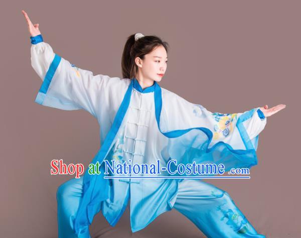 Chinese Traditional Kung Fu Competition Embroidered Lotus Blue Costume Martial Arts Tai Chi Clothing for Women