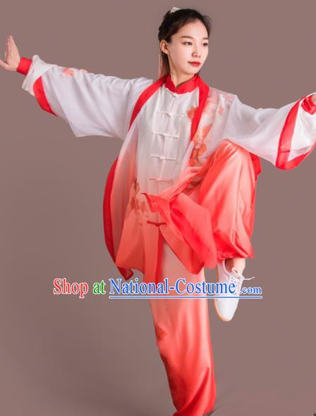 Chinese Traditional Kung Fu Competition Embroidered Flowers Red Costume Martial Arts Tai Chi Clothing for Women