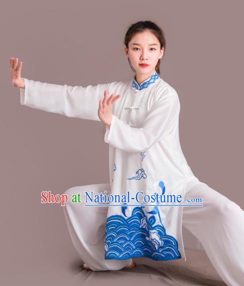 Chinese Traditional Kung Fu Costume Martial Arts Competition Tai Chi Embroidered Blue Clothing for Women