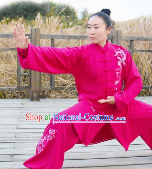 Chinese Traditional Kung Fu Competition Costume Martial Arts Tai Chi Embroidered Dragon Rosy Clothing for Women