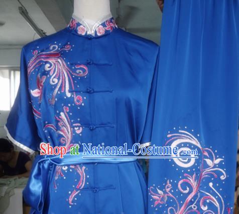 Chinese Traditional Kung Fu Costume Martial Arts Tai Chi Embroidered Blue Clothing for Women