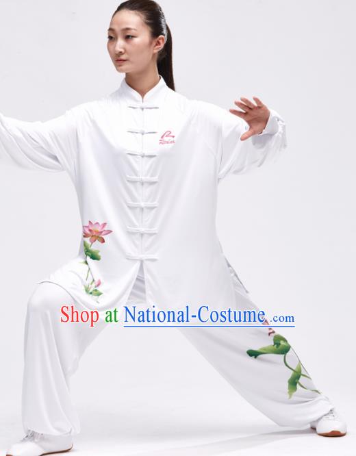 Chinese Traditional Kung Fu Competition Printing Lotus White Costume Martial Arts Tai Chi Clothing for Women