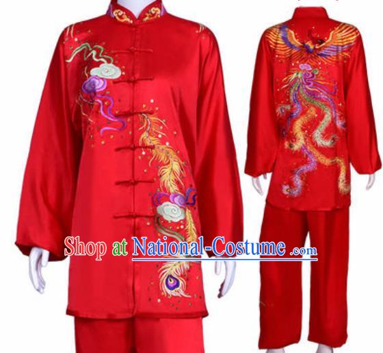 Chinese Traditional Kung Fu Competition Costume Martial Arts Tai Chi Embroidered Phoenix Red Clothing for Women